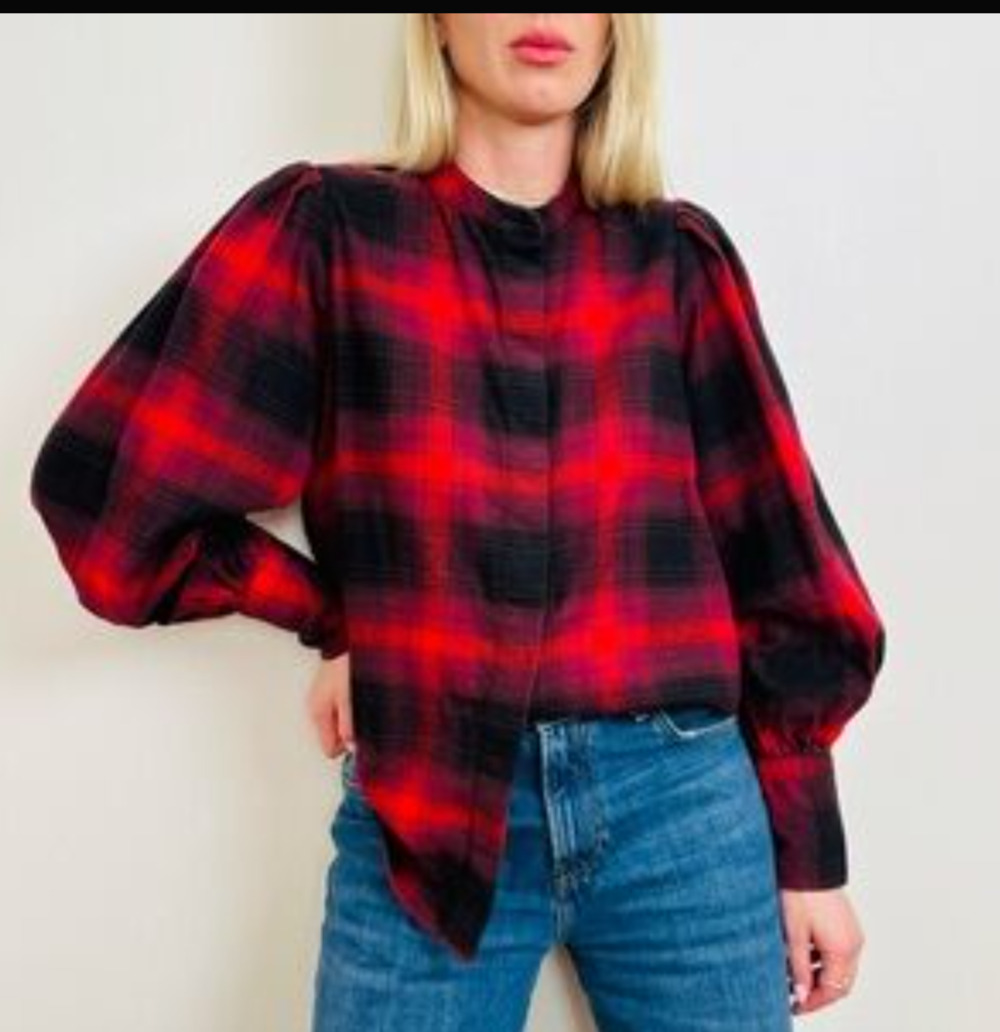 Banana Republic plaid balloon sleeve fleece button up top Size S Preppy Cabin